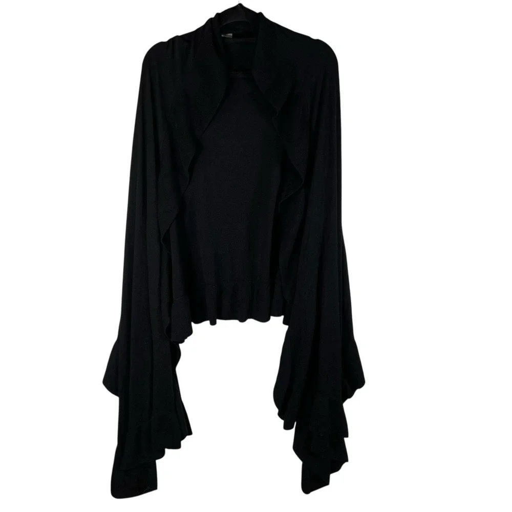 Chico's sz One size Black wrap ruffle open duster sweater Women's Cozy Casual